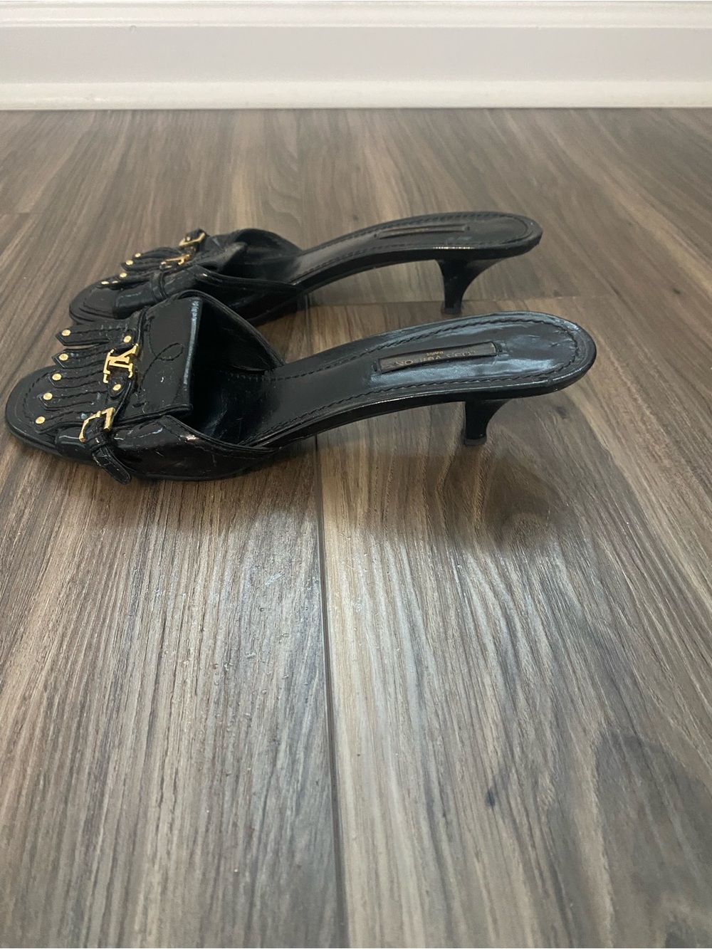 Louis Vuitton Black Patent Leather Fringe Mules with Gold Hardware - Picture 3 of 4